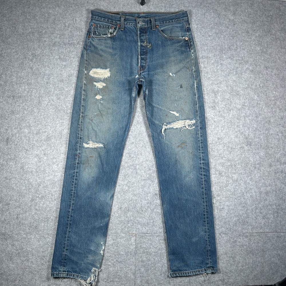 Levi's 501 Denim Jeans Mens 33x34 Blue Button Fly Distressed Vintage 90s